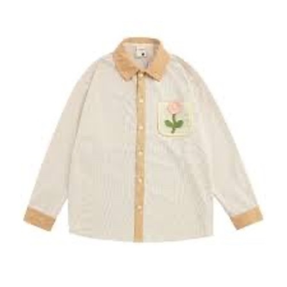 Aelfric Eden Cream Corduroy Crochet Flower Patch Button Down Shirt Mens Small